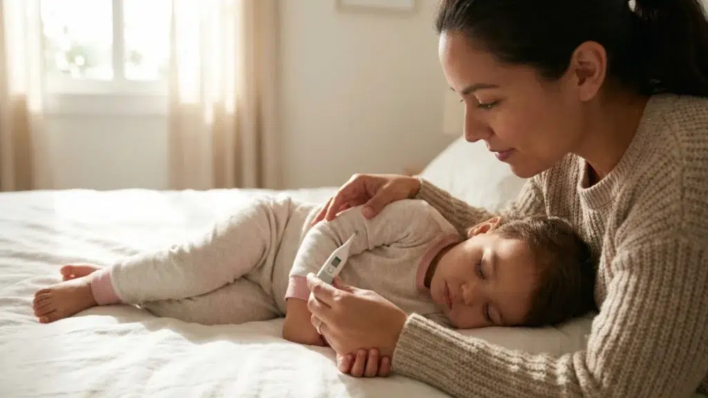 fiebre sin otros síntomas en niños madre tomando la temperatura a su bebé