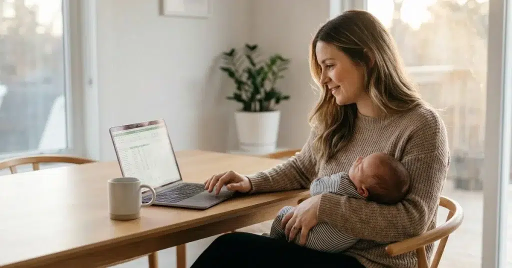 Madre con su bebé solicitando las ayudas por nacimiento 2026 desde un ordenador portátil.