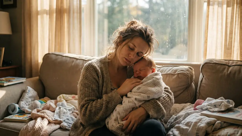 Madre con semblante exhausto y ojos cerrados, abrazando tiernamente a su bebé recién nacido en un salón con luz natural, reflejando la realidad emocional del posparto.