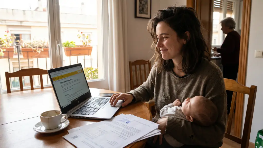 Madre sonriente y aliviada sosteniendo a su bebé mientras consulta en un ordenador portátil los trámites y ayudas para familias de la Junta de Andalucía.