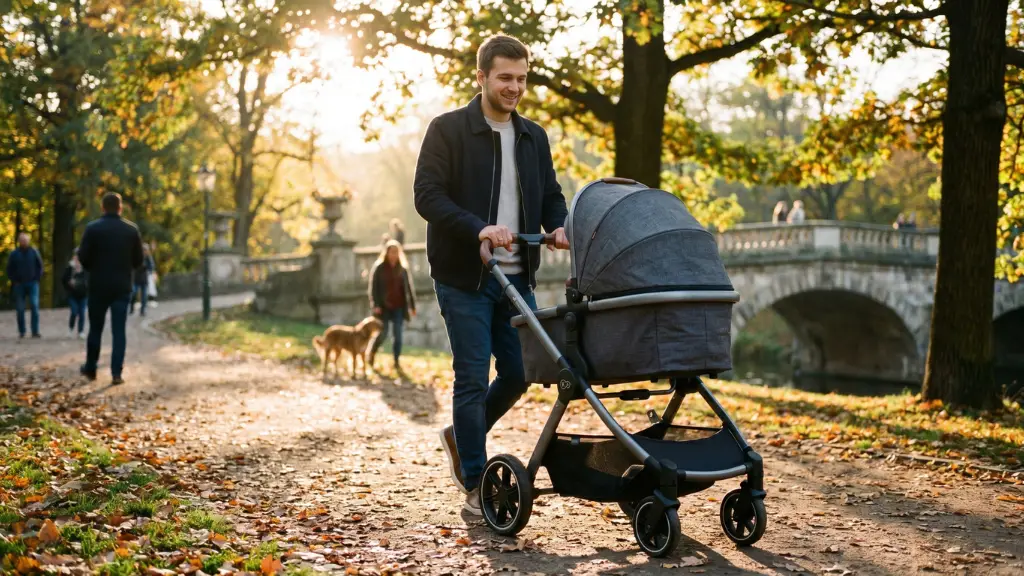 Padre paseando con el carrito 3 en 1 Kinderkraft NEWLY por un parque soleado.