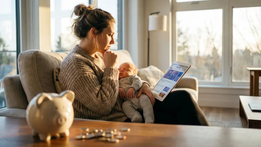 Madre consultando información sobre ayudas y prestaciones familiares