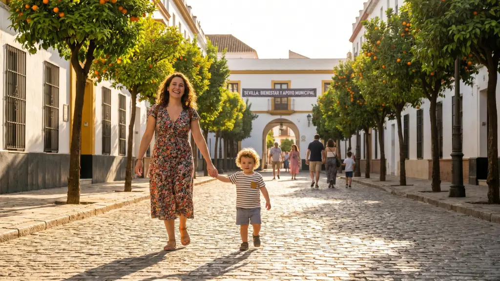 Madre feliz paseando con su hijo pequeño, representando el acceso a las ayudas del Ayuntamiento de Sevilla para familias.