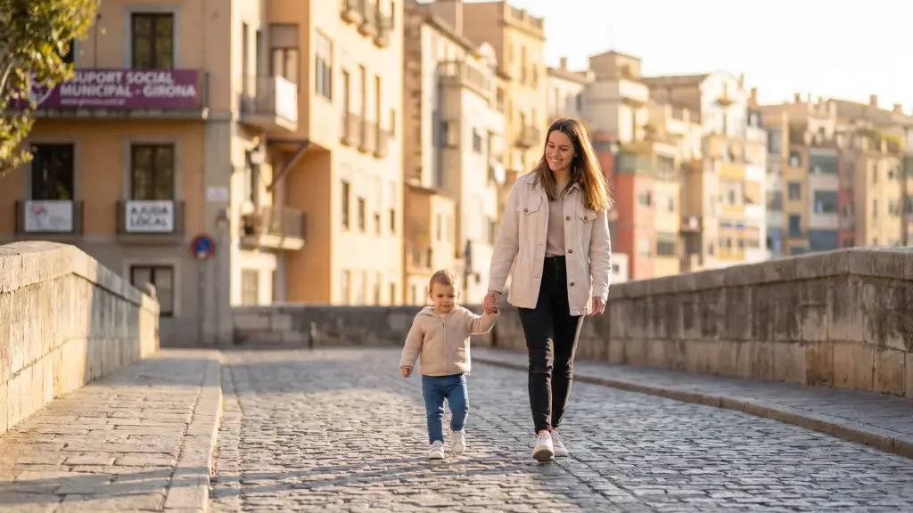 Madre paseando feliz con su hijo por el centro histórico de Girona, representando el acceso a las ayudas municipales para familias.