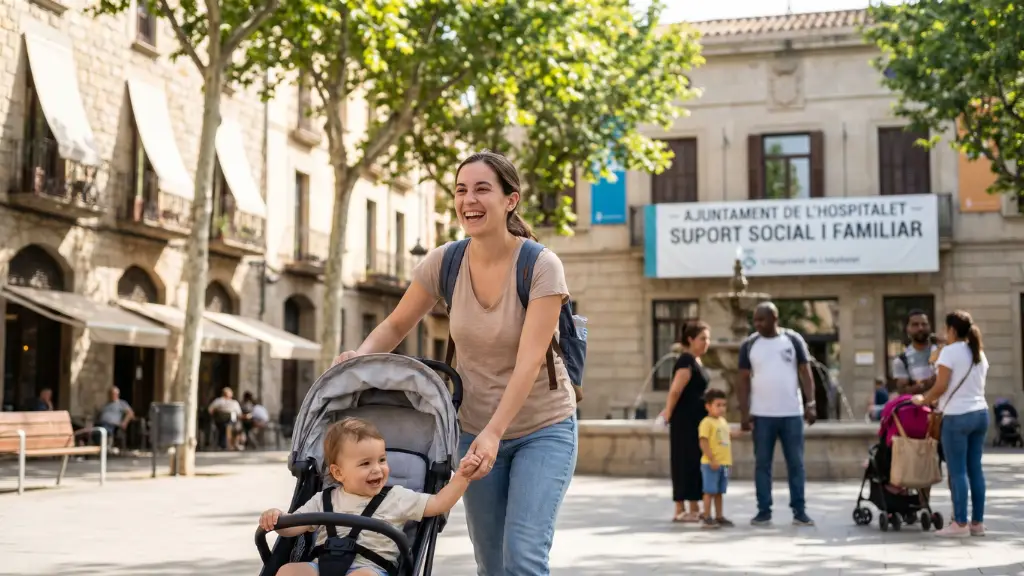 Madre paseando feliz con su hijo por L'Hospitalet de Llobregat, representando el acceso a las ayudas del Ayuntamiento para familias.