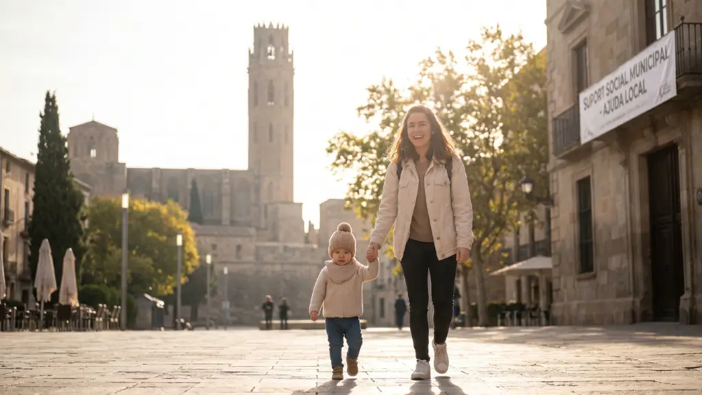 Madre paseando feliz con su hijo en Lleida, con la Seu Vella al fondo, representando el acceso a las ayudas municipales para familias.
