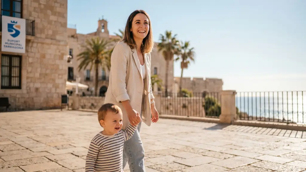 Madre paseando feliz con su hijo cerca del Balcón del Mediterráneo en Tarragona, representando el acceso a las ayudas municipales para familias.