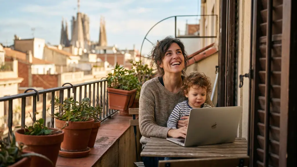 Madre feliz con su hijo pequeño en un balcón de Barcelona, consultando las ayudas de la Generalitat para familias.