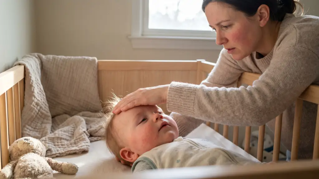 Madre tranquila tocando suavemente la frente de su bebé de 6 meses para comprobar si tiene fiebre en la habitación.