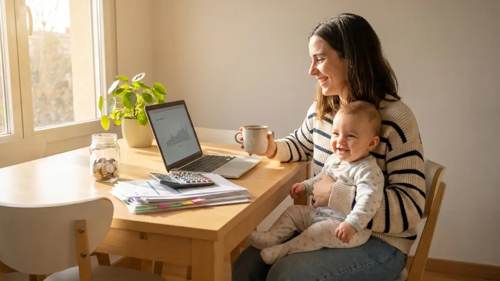 Madre andaluza sonriente y aliviada con su bebé frente al ordenador portátil tras aplicar las deducciones familiares en su Declaración de la Renta.