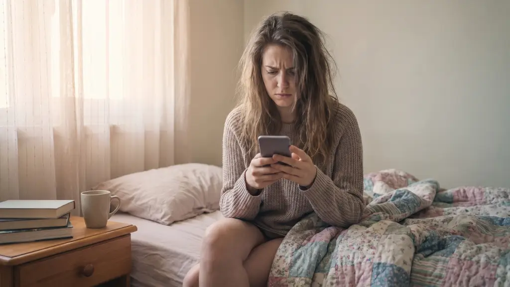 Mujer joven con expresión de duda mirando su teléfono móvil buscando información sobre sangrado en las primeras semanas de embarazo.
