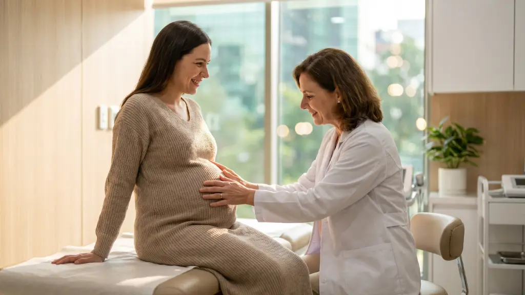 Mujer embarazada sonriendo mientras una ginecóloga revisa su vientre en una consulta moderna y luminosa, representando el seguimiento del embarazo humano.