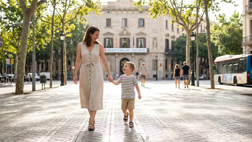 Madre e hijo paseando felices por Barcelona gracias a las ayudas del Fons d'Infància del Ayuntamiento.