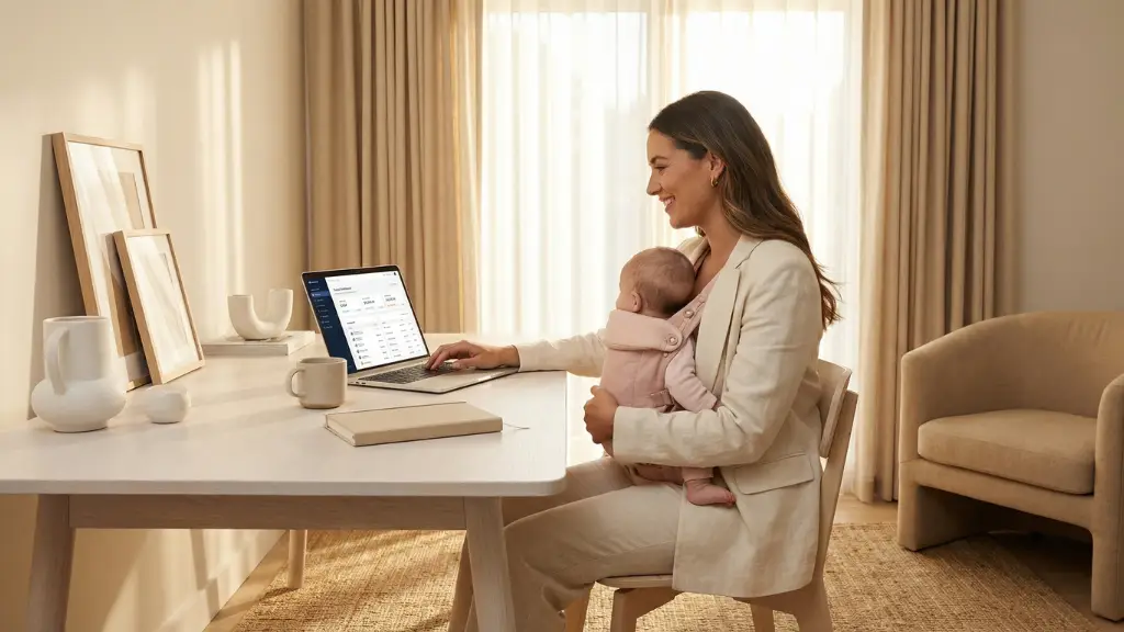 Madre trabajadora calculando el permiso por nacimiento 2026 en su portátil.