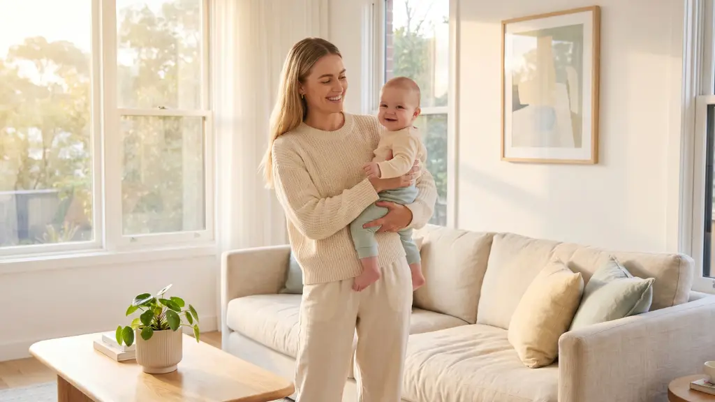 Mujer joven y empoderada sonriendo mientras abraza a su bebé en casa, representando la felicidad y la fuerza de las familias monoparentales.