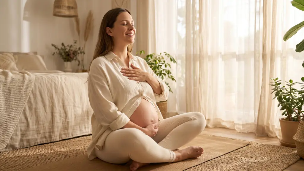 Mujer embarazada con los ojos cerrados practicando respiración profunda y relajación sobre una esterilla de yoga, preparándose para un parto tranquilo.
