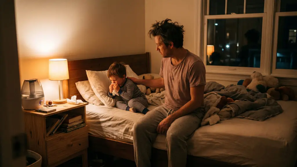 Padre consolando a su hijo de 3 años que sufre un ataque de tos seca por la noche en la cama.