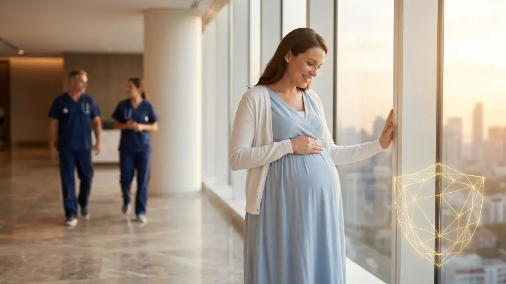 Mujer embarazada sonriendo en un hospital privado moderno, representando la tranquilidad de elegir el mejor seguro de salud para embarazadas.