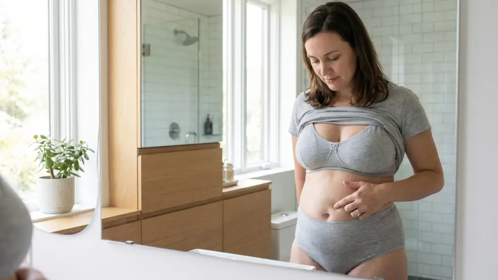Mujer de 3 meses posparto tocando suavemente una hernia umbilical visible en el ombligo frente al espejo.