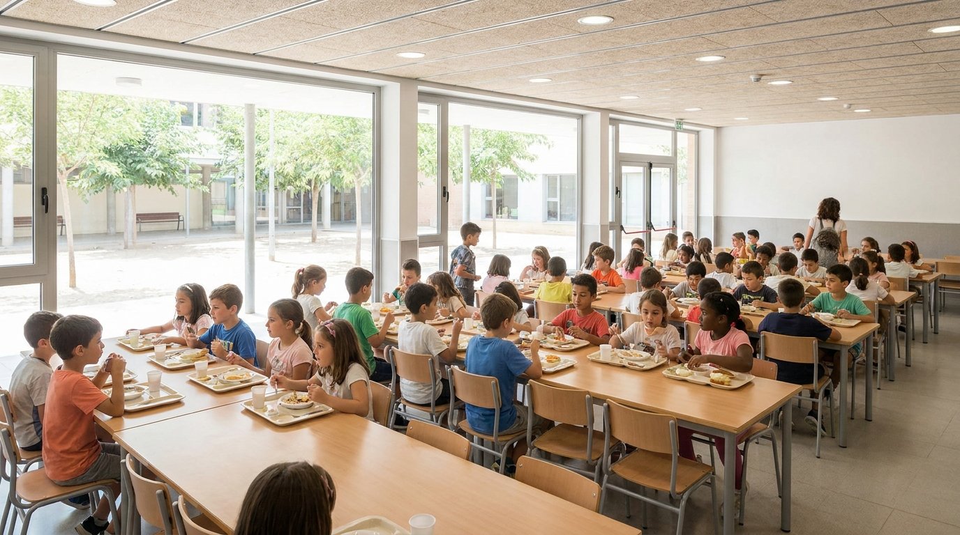Familia preparando la solicitud de beca comedor escolar en Cataluña para el curso 2026-2027
