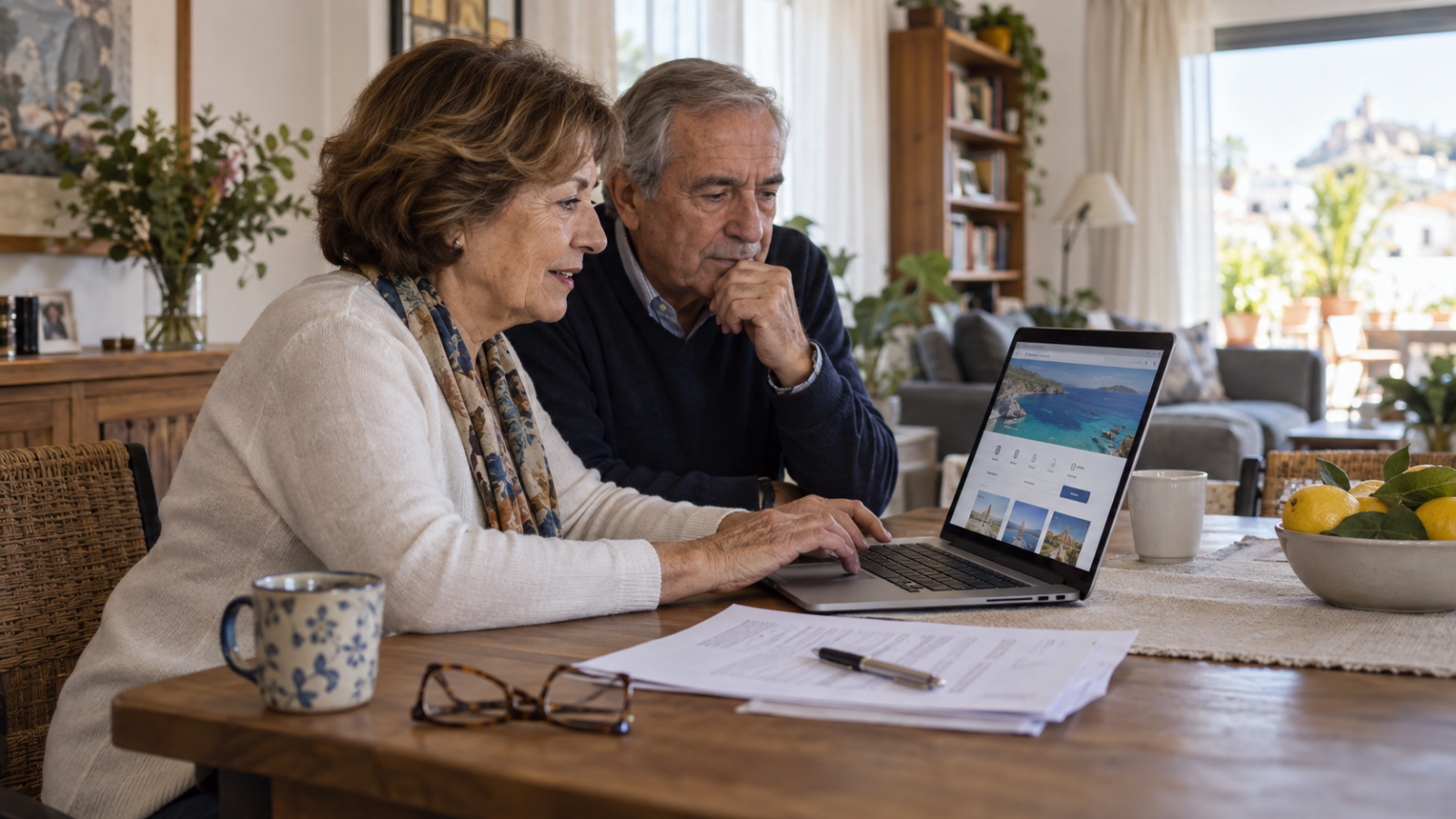 Personas mayores reservando por internet un viaje del Imserso 2026-2027 con su carta de acreditación