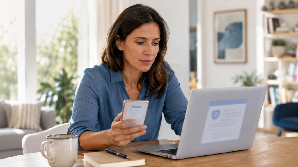 Mujer consultando una notificación electrónica de la Seguridad Social en el portátil