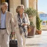 Pareja mayor preparando un viaje del Imserso 2026-2027 con maletas en un hotel de la costa española