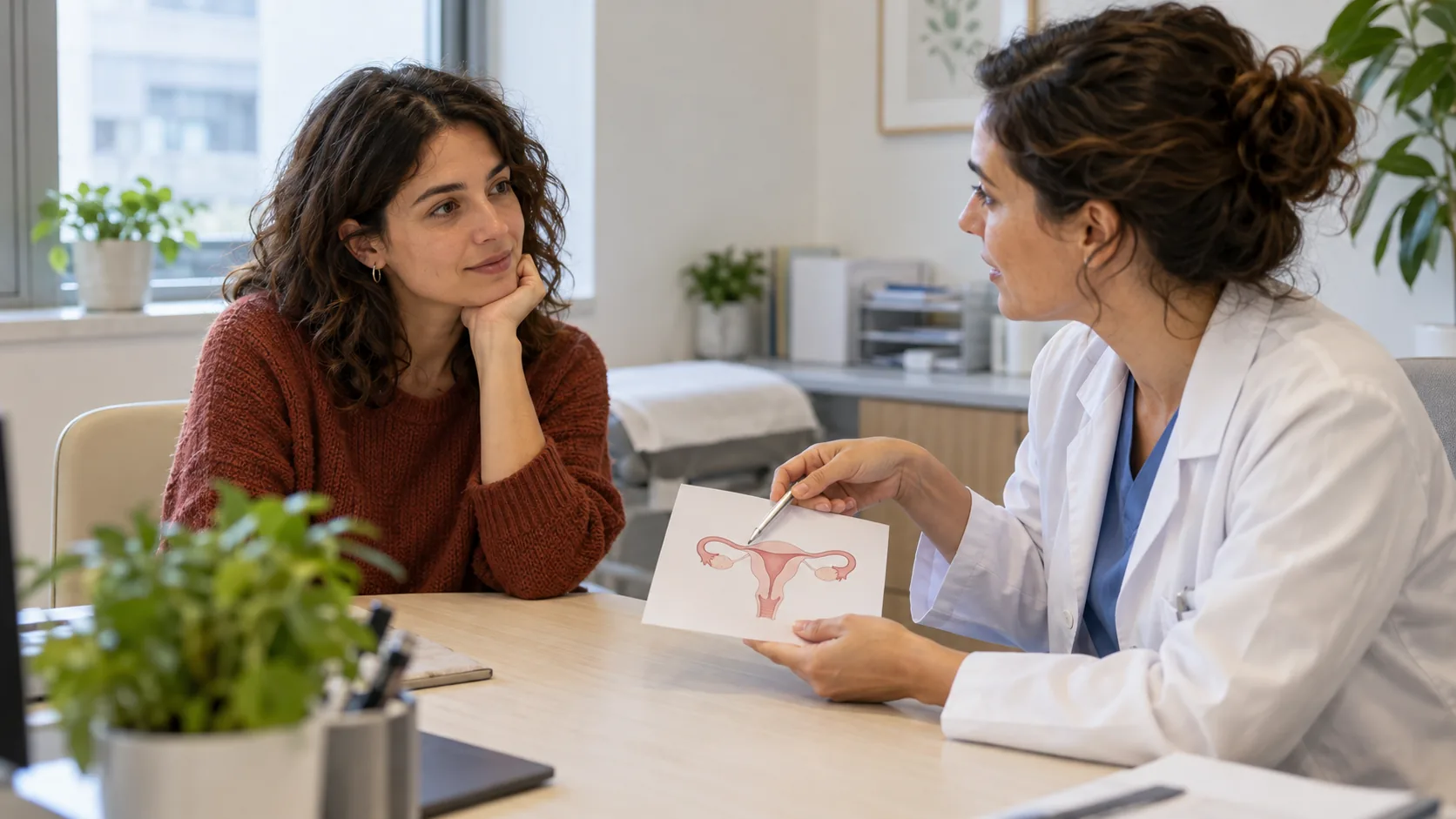 Consulta informativa entre una mujer y una profesional sanitaria sobre reproducción asistida