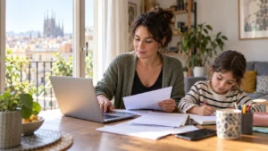 Madre organiza los documentos para renovar el carnet de familia monoparental en Cataluña mientras su hija estudia